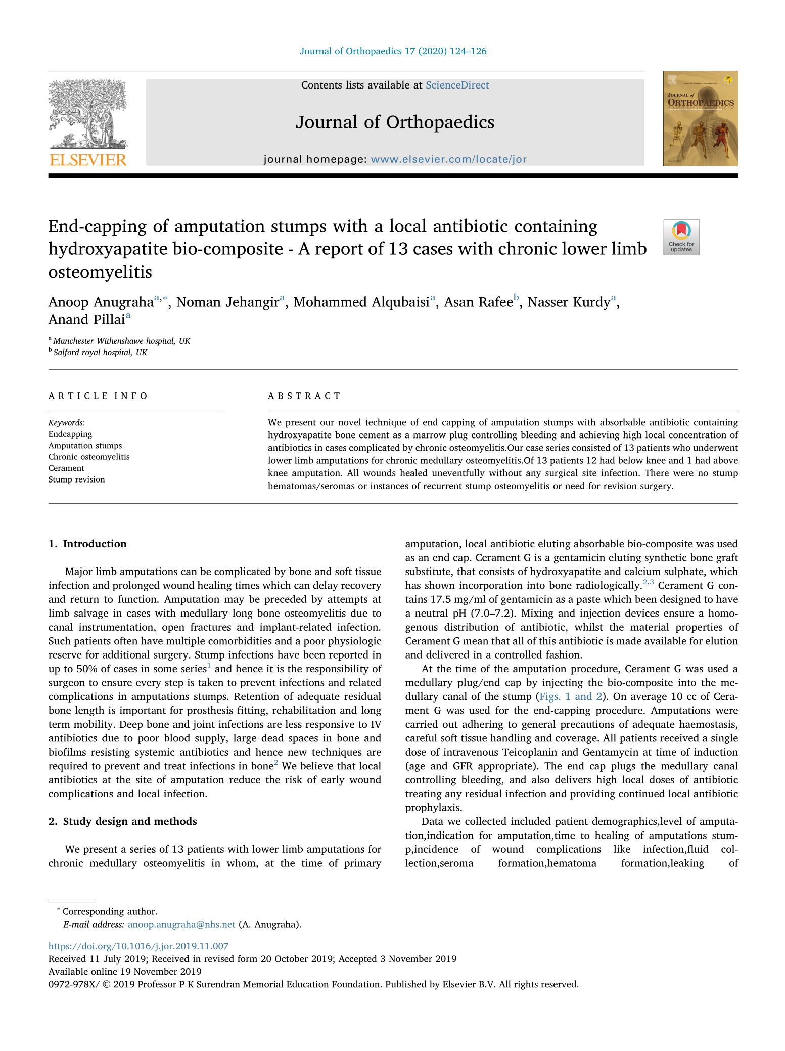 Anugraha End-capping of amputation stumps with a local antibiotic containing hydroxyapatite bio-composite – A report of 13 cases with chronic lower limb osteomyelitis