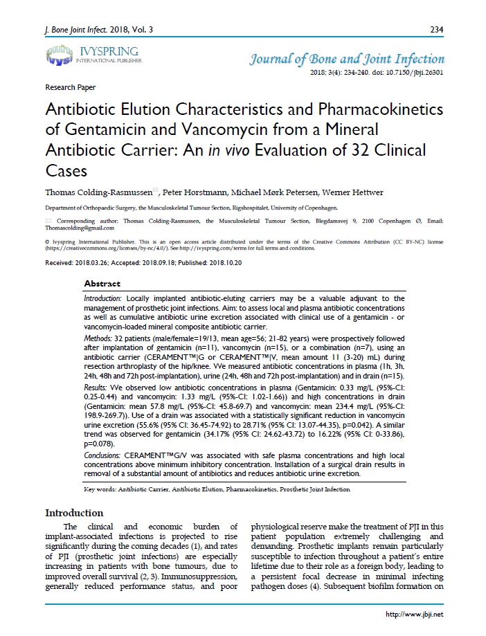 Antibiotic elution characteristics and pharmacokinetics of gentamicin and vancomycin from a mineral antibiotic carrier: an in vivo evaluation of 32 clinical cases