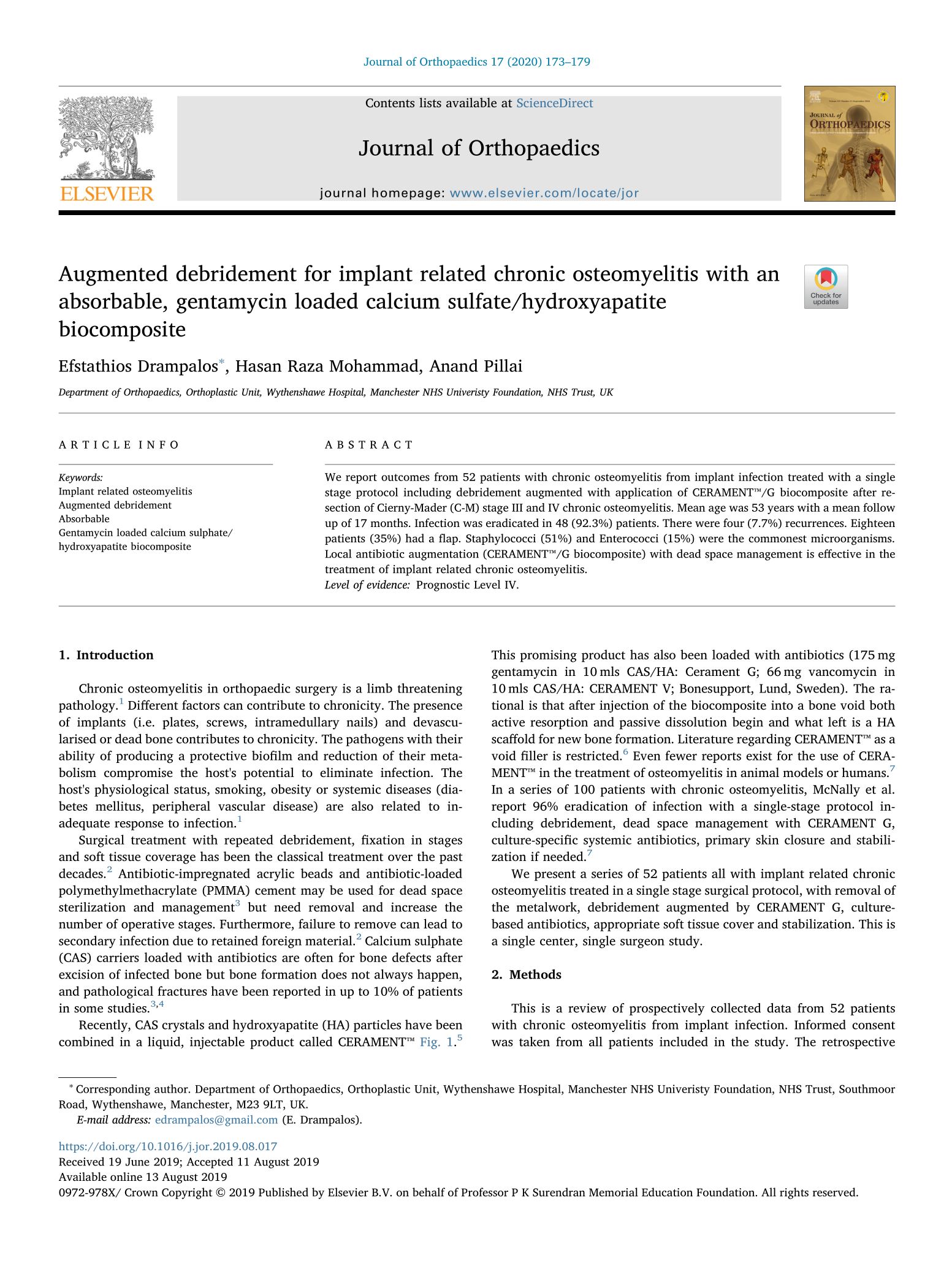 Augmented debridement for implant related chronic osteomyelitis with an absorbable, gentamycin loaded calcium sulfate/hydroxyapatite biocomposite