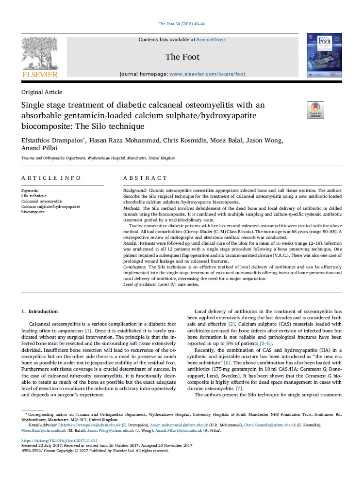 Single stage treatment of diabetic calcaneal osteomyelitis with an absorbable gentamicin-loaded calcium sulphate/hydroxyapatite biocomposite: The Silo technique