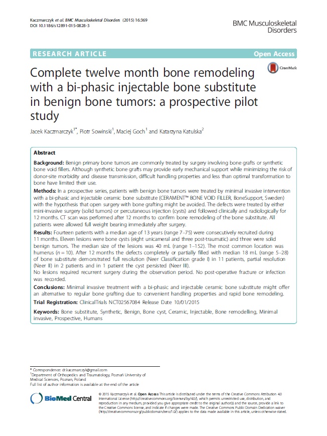 Kaczmarczyk Complete twelve month bone remodeling with a bi-phasic injectable bone substitute in benign bone tumors: a prospective pilot study