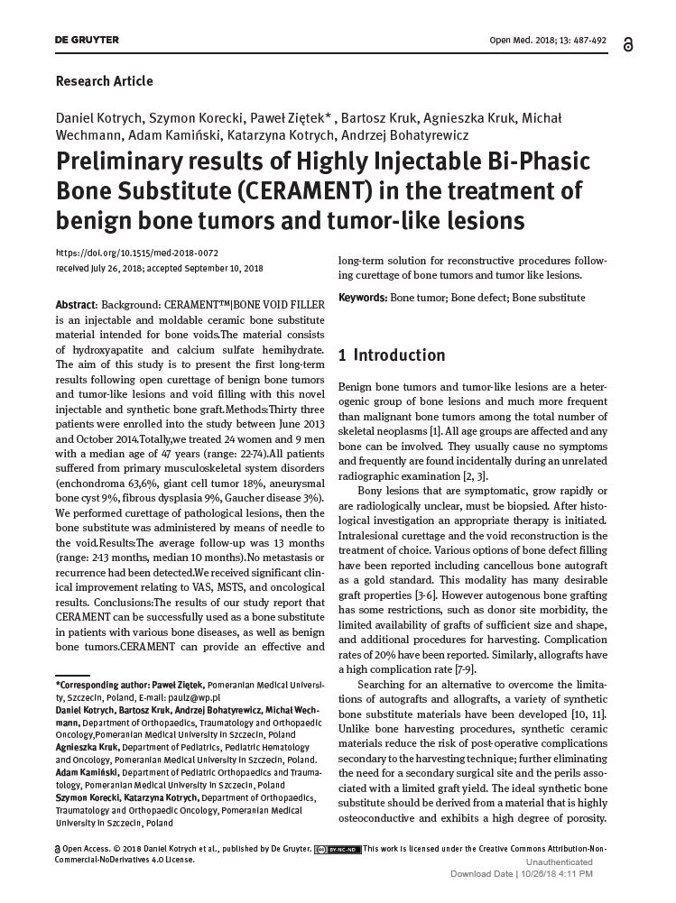 Preliminary results of highly injectable bi-phasic bone substitute (CERAMENT) in the treatment of benign bone tumors and tumor-like lesions