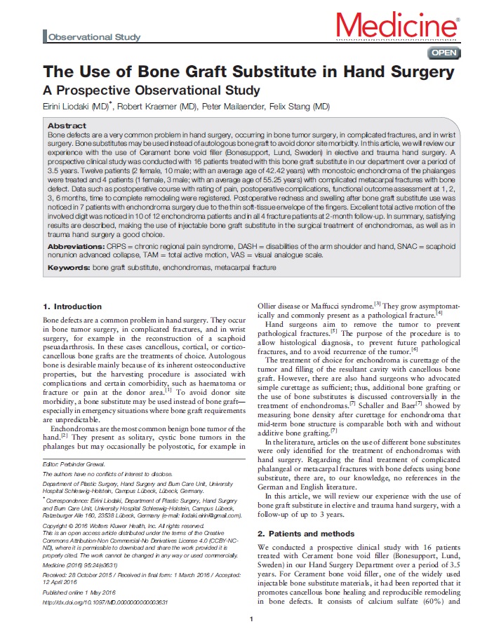 The use of bone graft substitute in hand surgery – a prospective observational study