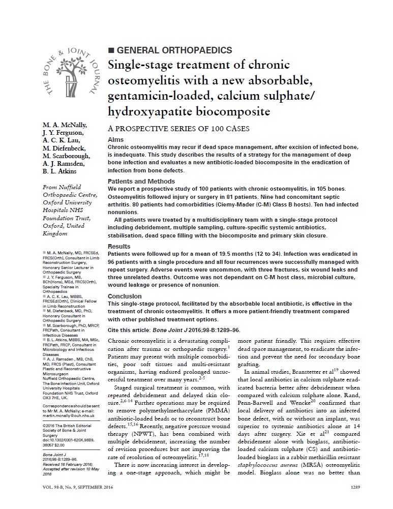 Single-stage treatment of chronic osteomyelitis with a new absorbable, gentamicin-loaded, calcium sulphate/hydroxyapatite biocomposite: A prospective series of 100 cases