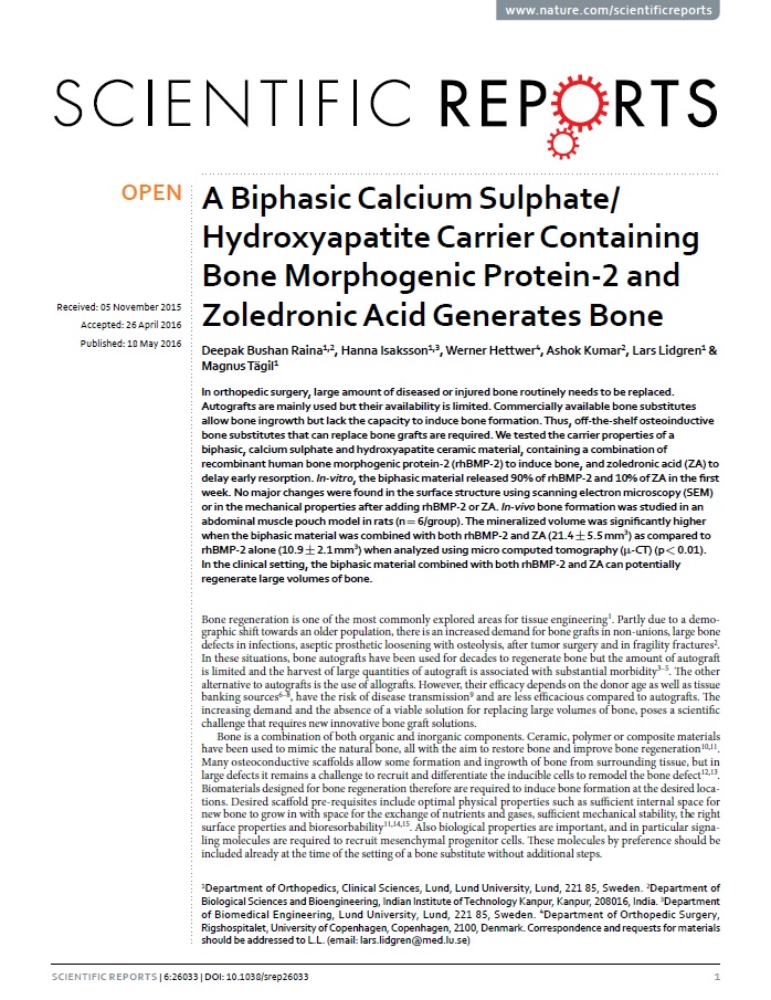 Raina A biphasic calcium sulphate/hydroxyapatite carrier containing bone morphogenic protein-2 and zoledronic acid generates bone