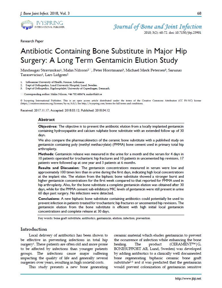 Antibiotic containing bone substitute in major hip surgery: a long term gentamicin elution study