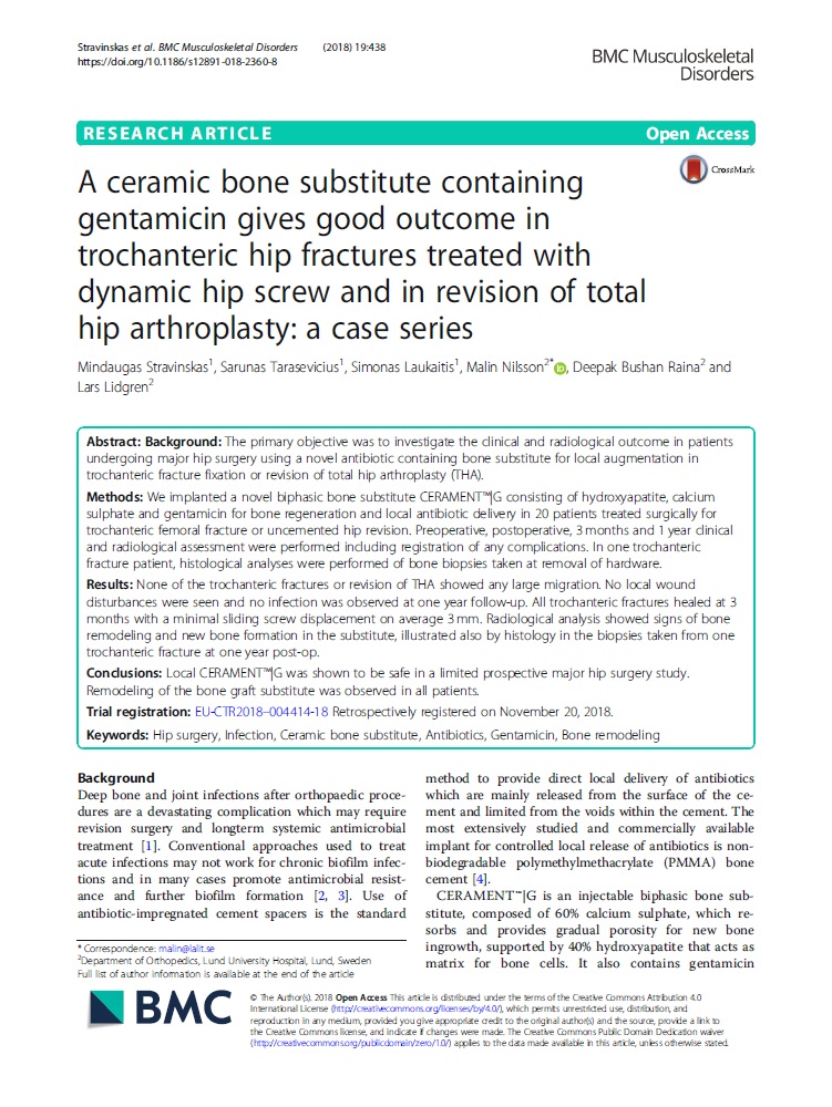 A ceramic bone substitute containing gentamicin gives good outcome in trochanteric hip fractures treated with dynamic hip screw and in revision of total hip arthroplasty: a case series