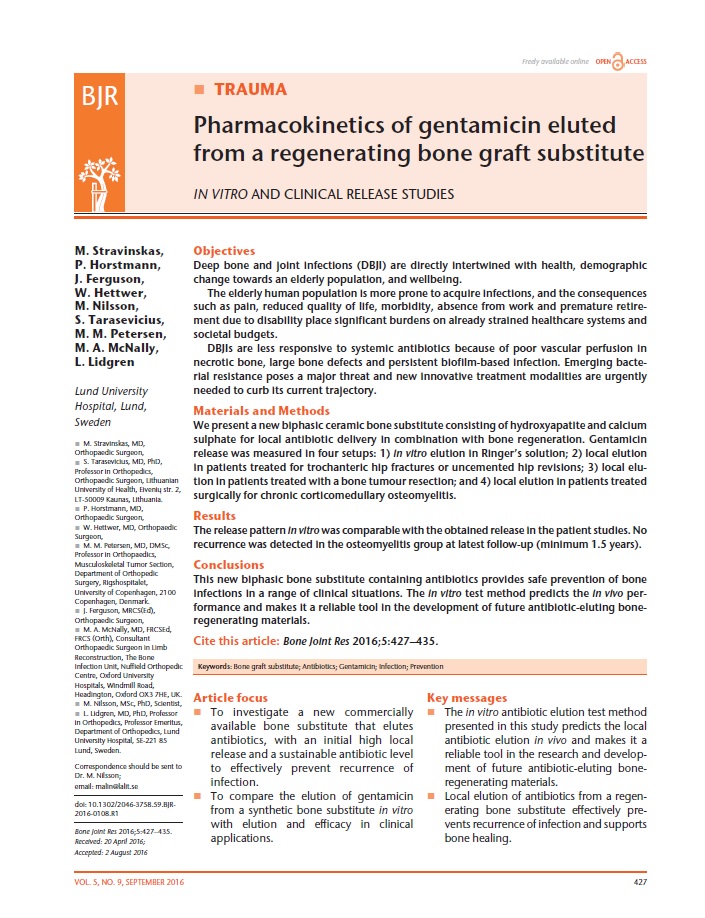 Pharmacokinetics of gentamicin eluted from a regenerating bone graft substitute