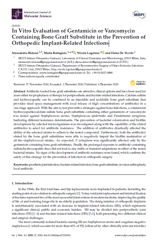 Bidossi – In Vitro Evaluation of Gentamicin or Vancomycin Containing Bone Graft Substitute in the Prevention of Orthopedic Implant-Related Infections