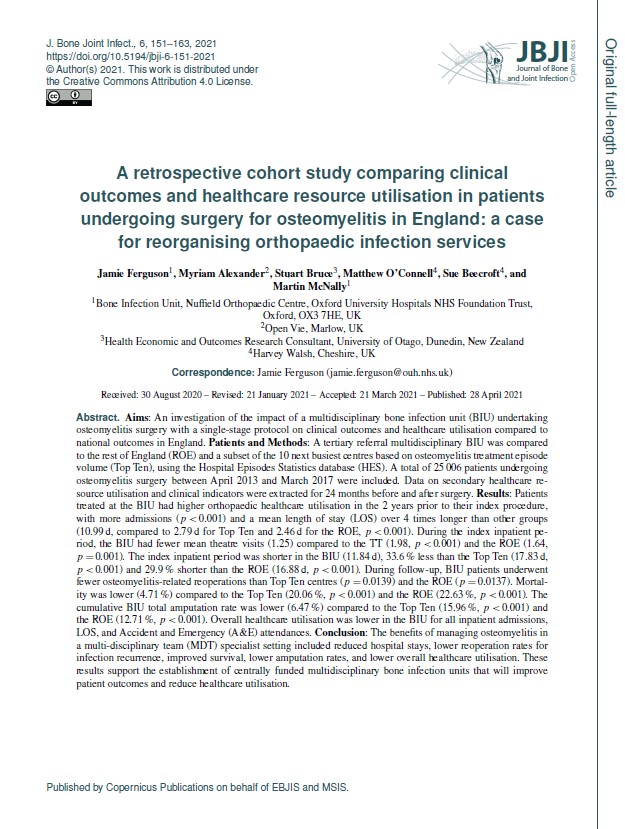 Ferguson et al. A retrospective cohort study comparing clinical outcomes and healthcare resource utilisation in patients undergoing surgery for osteomyelitis in England: a case for reorganising orthopaedic infection services